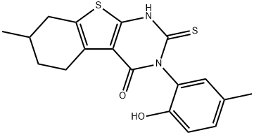 3-(2-hydroxy-5-methylphenyl)-7-methyl-2-sulfanylidene-5,6,7,8-tetrahydro-1H-[1]benzothiolo[2,3-d]pyrimidin-4-one Struktur