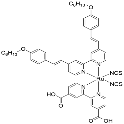 Ru(4,4-dicarboxylic acid-2,2′-bipyridine)(4,4′-bis(p-hexyloxystyryl)-2,2-bipyridine)(NCS)2 Struktur