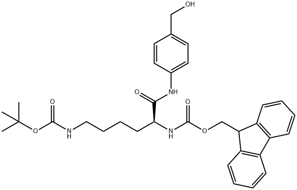 Carbamic acid, N-[(1R)-5-[[(1,1-dimethylethoxy)carbonyl]amino]-1-[[[4-(hydroxymethyl)phenyl]amino]carbonyl]pentyl]-, 9H-fluoren-9-ylmethyl ester Struktur