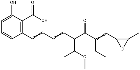 Benzoic acid, 2-hydroxy-6-[5-(1-methoxyethyl)-7-[(3-methyloxiranyl)methylene]-6-oxo-1,3-nonadienyl]- (9CI) Struktur