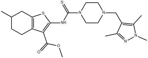 methyl 6-methyl-2-(4-((1,3,5-trimethyl-1H-pyrazol-4-yl)methyl)piperazine-1-carbothioamido)-4,5,6,7-tetrahydrobenzo[b]thiophene-3-carboxylate Struktur