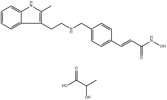 N-hydroxy-3-[4-[[[2-(2-methyl-1H-indol-3-yl)ethyl]amino]methyl]phenyl]-2E-2-propenamide DL-lactate monohydrate Struktur