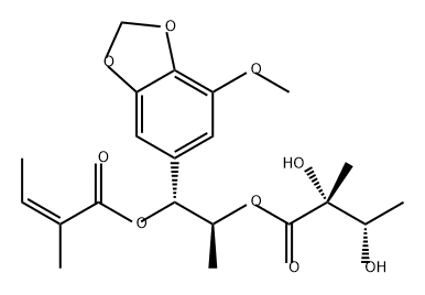 2-Butenoic acid, 2-methyl-, (1R,2S)-2-[(2R,3S)-2,3-dihydroxy-2-methyl-1-oxobutoxy]-1-(7-methoxy-1,3-benzodioxol-5-yl)propyl ester, (2Z)- Struktur