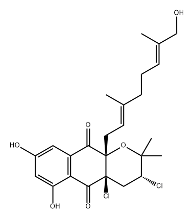 2H-Naphtho[2,3-b]pyran-5,10-dione, 3,4a-dichloro-3,4,4a,10a-tetrahydro-6,8-dihydroxy-10a-[(2E,6E)-8-hydroxy-3,7-dimethyl-2,6-octadien-1-yl]-2,2-dimethyl-, (3R,4aR,10aS)- Struktur