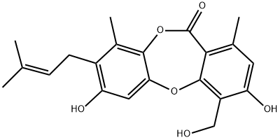 11H-Dibenzo[b,e][1,4]dioxepin-11-one, 3,7-dihydroxy-4-(hydroxymethyl)-1,9-dimethyl-8-(3-methyl-2-buten-1-yl)- Struktur