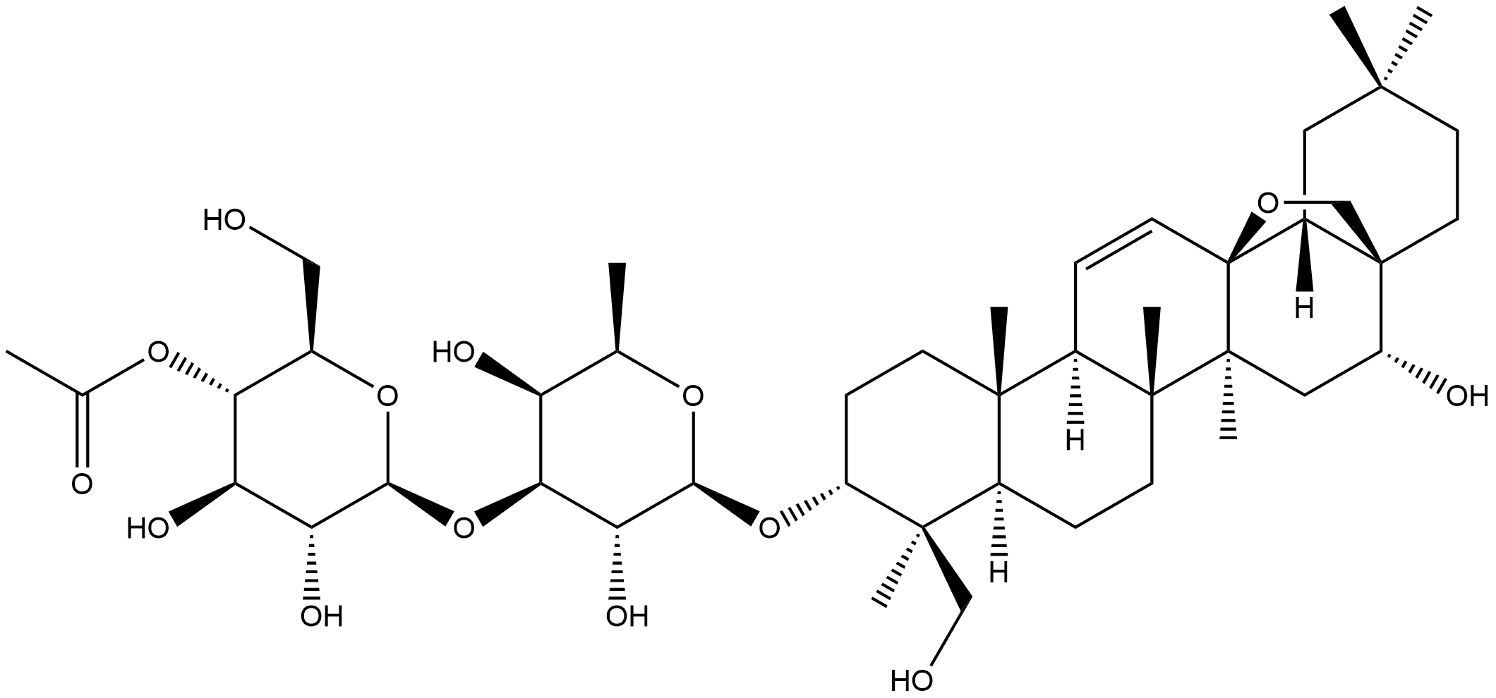 β-D-Galactopyranoside, (3β,4α,16β)-13,28-epoxy-16,23-dihydroxyolean-11-en-3-yl 3-O-(4-O-acetyl-β-D-glucopyranosyl)-6-deoxy- Struktur