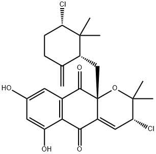 (3R)-3α-Chloro-6,8-dihydroxy-3,10a-dihydro-2,2-dimethyl-10aβ-[[(1R,3S)-2,2-dimethyl-3-chloro-6-methylenecyclohexyl]methyl]-2H-naphtho[2,3-b]pyran-5,10-dione Struktur