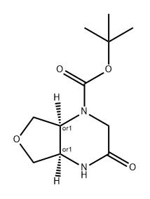 Furo[3,4-b]pyrazine-1(2H)-carboxylic acid, hexahydro-3-oxo-, 1,1-dimethylethyl ester, (4aR,7aS)-rel- Struktur