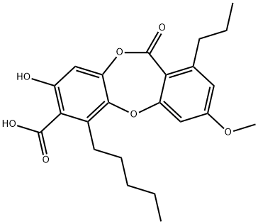 11H-Dibenzo[b,e][1,4]dioxepin-7-carboxylic acid, 8-hydroxy-3-methoxy-11-oxo-6-pentyl-1-propyl- Struktur