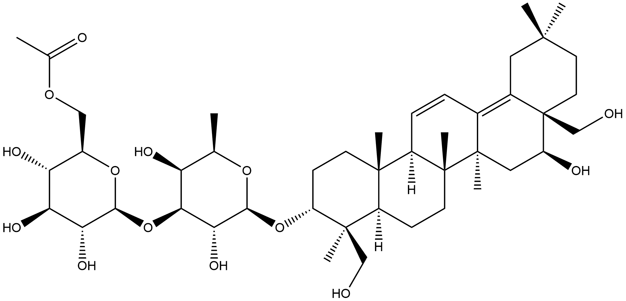 β-D-Galactopyranoside, (3β,4α,16α)-16,23,28-trihydroxyoleana-11,13(18)-dien-3-yl 3-O-(6-O-acetyl-β-D-glucopyranosyl)-6-deoxy- Struktur