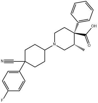 4-Piperidinecarboxylic acid, 1-[trans-4-cyano-4-(4-fluorophenyl)cyclohexyl]-3-methyl-4-phenyl-, (3S,4R)- Struktur