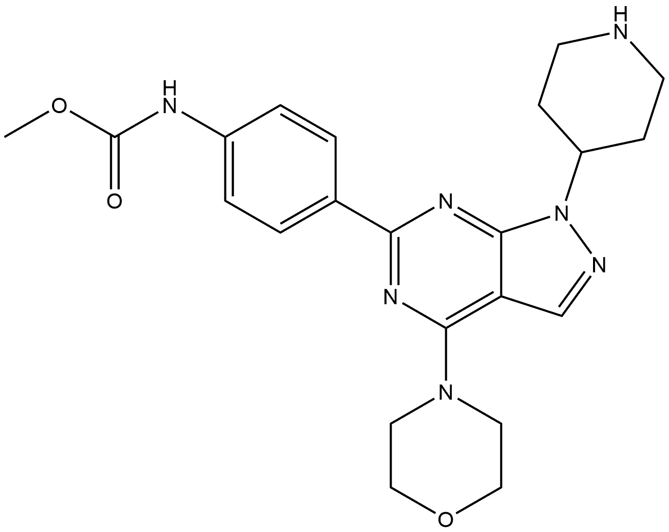 Methyl N-[4-[4-(4-morpholinyl)-1-(4-piperidinyl)-1H-pyrazolo[3,4-d]pyrimidin-6-yl]phenyl]carbamate Struktur