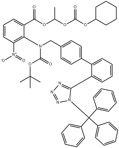 Benzoic acid, 2-[[(1,1-dimethylethoxy)carbonyl][[2'-[1-(triphenylmethyl)-1H-tetrazol-5-yl][1,1'-biphenyl]-4-yl]methyl]amino]-3-nitro-, 1-[[(cyclohexyloxy)carbonyl]oxy]ethyl ester Struktur