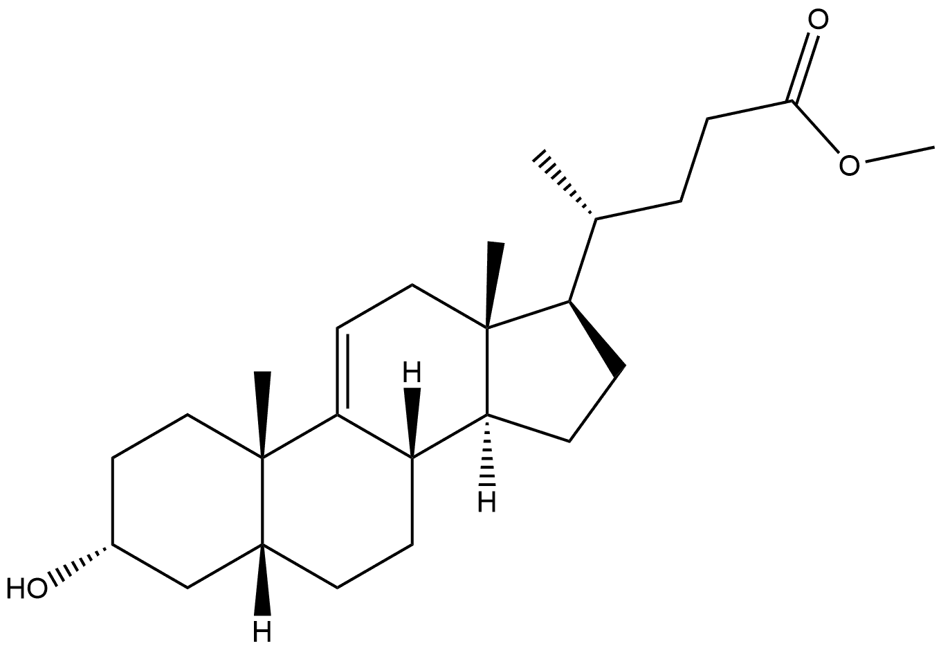 Chol-9(11)-en-24-oic acid, 3-hydroxy-, methyl ester, (3α,5β)- (9CI) Struktur