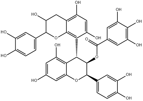 Benzoic acid, 3,4,5-trihydroxy-, (2R,2'R,3R,3'R,4R)-2,2'-bis(3,4-dihydroxyphenyl)-3,3',4,4'-tetrahydro-3',5,5',7,7'-pentahydroxy[4,8'-bi-2H-1-benzopyran]-3-yl ester Struktur