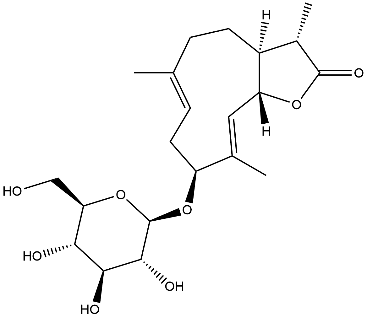 Cyclodeca[b]furan-2(3H)-one, 9-(β-D-glucopyranosyloxy)-3a,4,5,8,9,11a-hexahydro-3,6,10-trimethyl-, (3S,3aS,6E,9S,10E,11aS)- Struktur