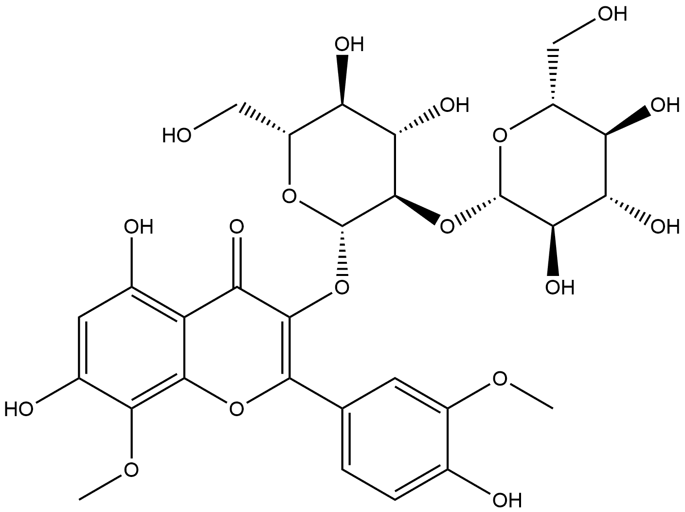 4H-1-Benzopyran-4-one, 3-[(2-O-β-D-glucopyranosyl-β-D-glucopyranosyl)oxy]-5,7-dihydroxy-2-(4-hydroxy-3-methoxyphenyl)-8-methoxy- Struktur