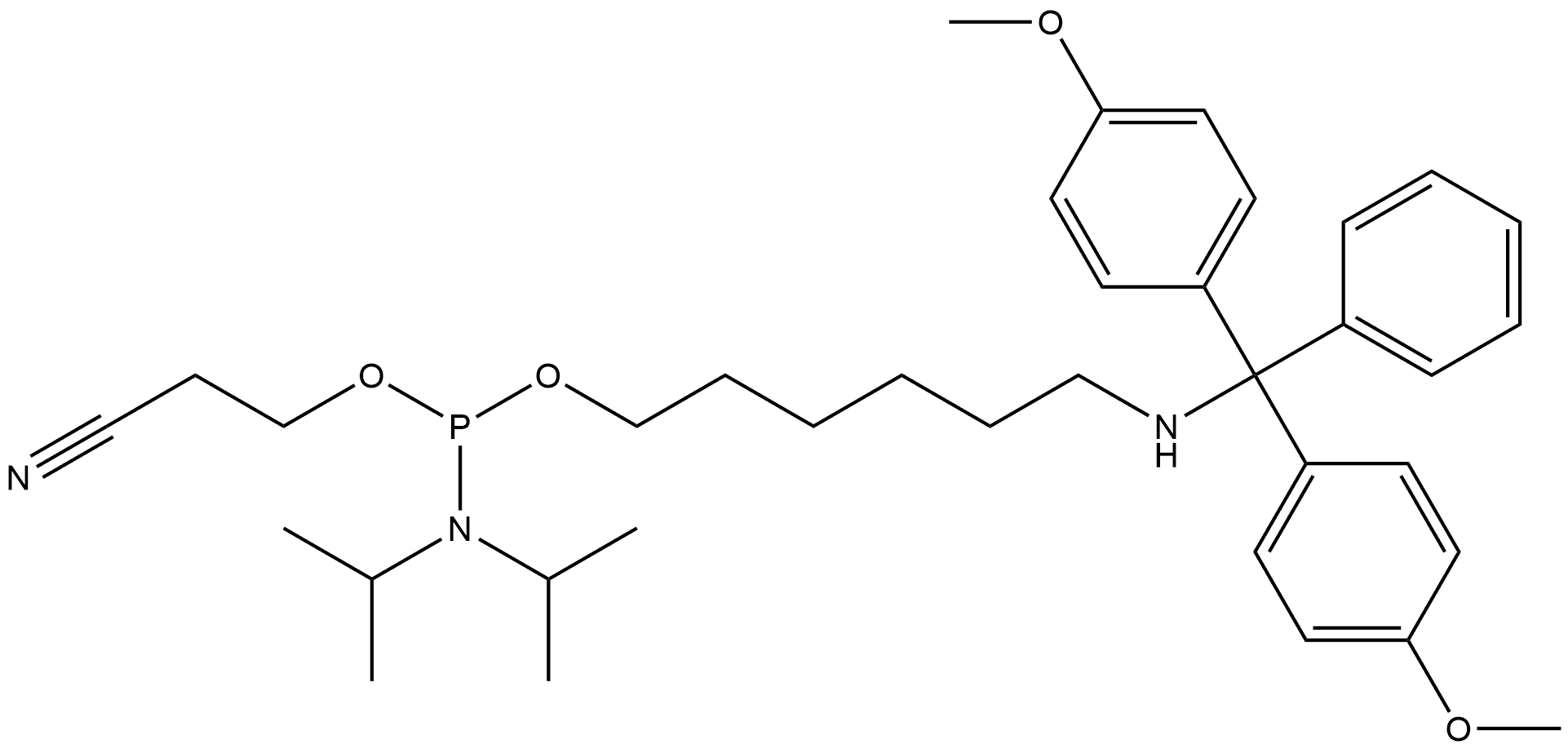 Phosphoramidous acid, N,N-bis(1-methylethyl)-, 6-[[bis(4-methoxyphenyl)phenylmethyl]amino]hexyl 2-cyanoethyl ester Struktur