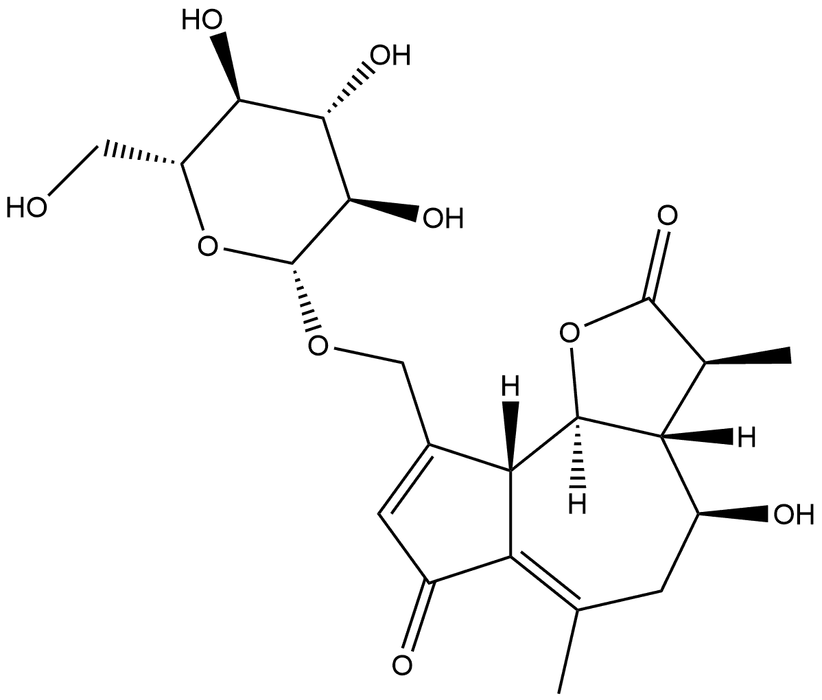 Azuleno[4,5-b]furan-2,7-dione, 9-[(β-D-glucopyranosyloxy)methyl]-3,3a,4,5,9a,9b-hexahydro-4-hydroxy-3,6-dimethyl-, (3S,3aR,4S,9aS,9bR)- Struktur