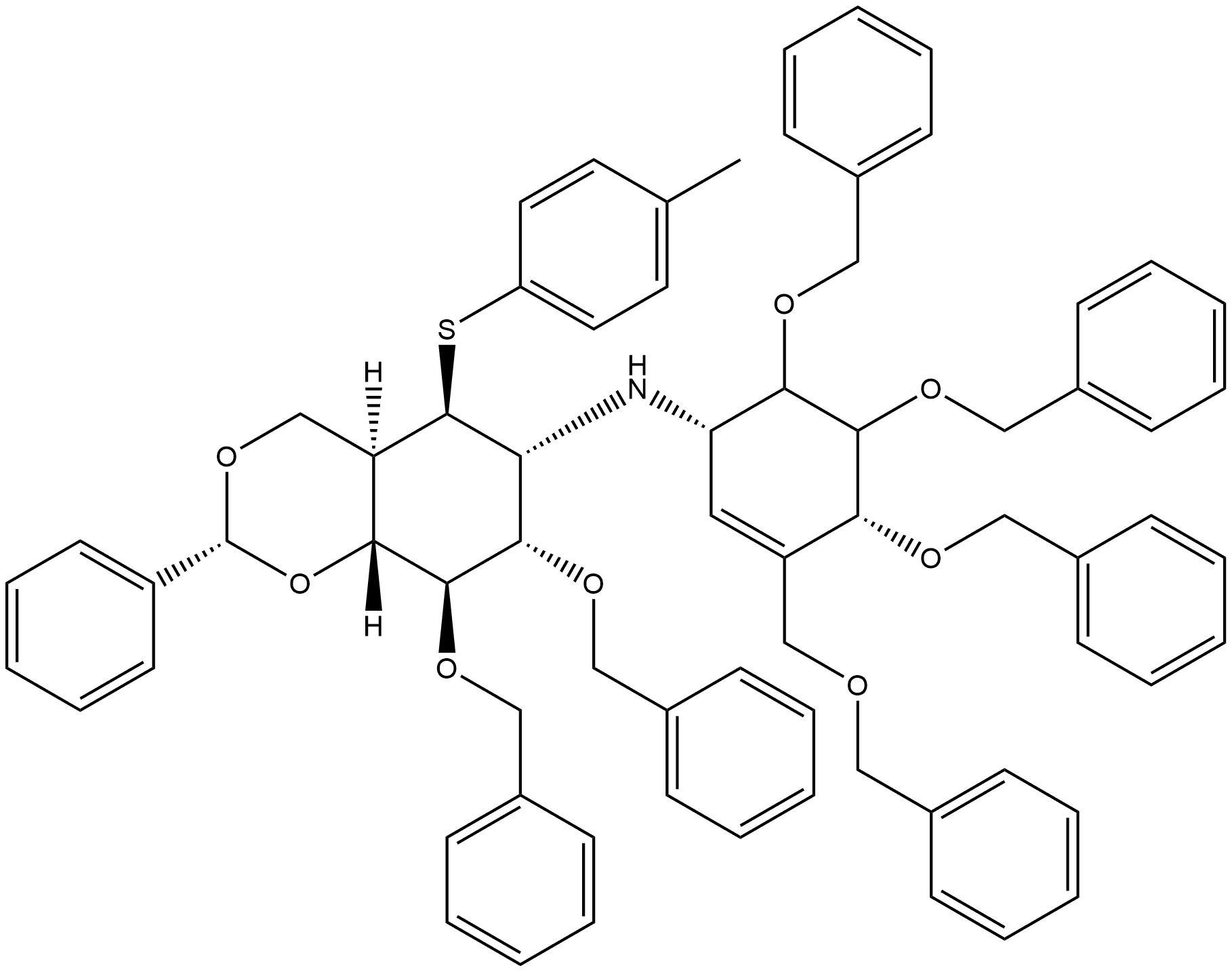 4H-1,3-Benzodioxin-6-amine, hexahydro-5-[(4-methylphenyl)thio]-2-phenyl-7,8-bis(phenylmethoxy)-N-[4,5,6-tris(phenylmethoxy)-3-[(phenylmethoxy)methyl]-2-cyclohexen-1-yl]-, [2R-[2α,4aα,5β,6α(1S*,4R*,5S*,6S*),7α,8β,8aβ]]- (9CI)