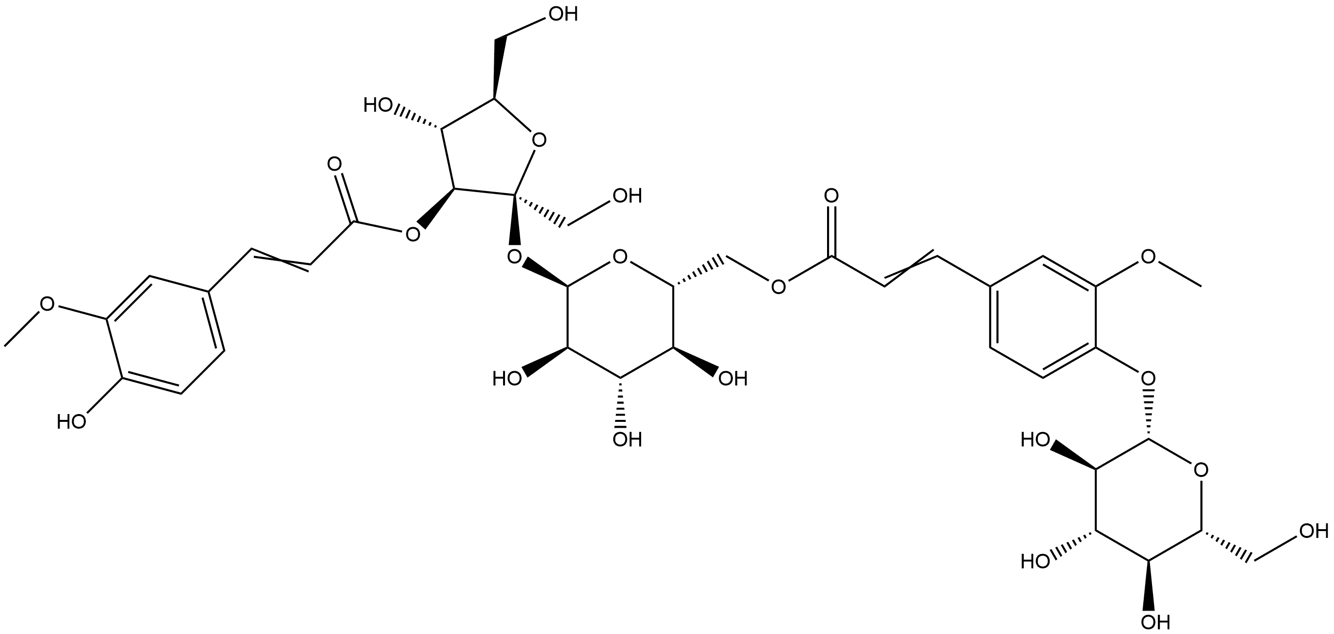 α-D-Glucopyranoside, 3-O-[3-(4-hydroxy-3-methoxyphenyl)-1-oxo-2-propenyl]-β-D-fructofuranosyl, 6-[3-[4-(β-D-glucopyranosyloxy)-3-methoxyphenyl]-2-propenoate], [1(E),6(E)]- (9CI) Struktur