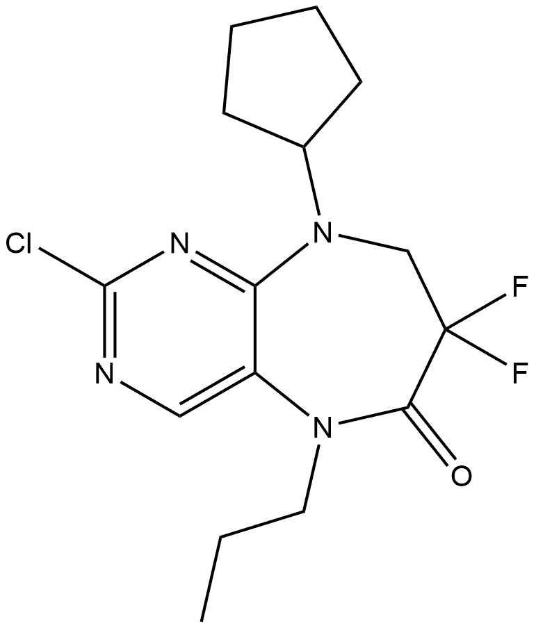 2-chloro-9-cyclopentyl-7,7-difluoro-5-propyl-5,7,8,9-tetrahydro-6H-pyrimido[4,5-b][1,4]diazepin-6-one Struktur