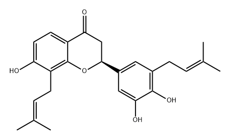 4H-1-Benzopyran-4-one, 2-[3,4-dihydroxy-5-(3-methyl-2-buten-1-yl)phenyl]-2,3-dihydro-7-hydroxy-8-(3-methyl-2-buten-1-yl)-, (2S)- Struktur