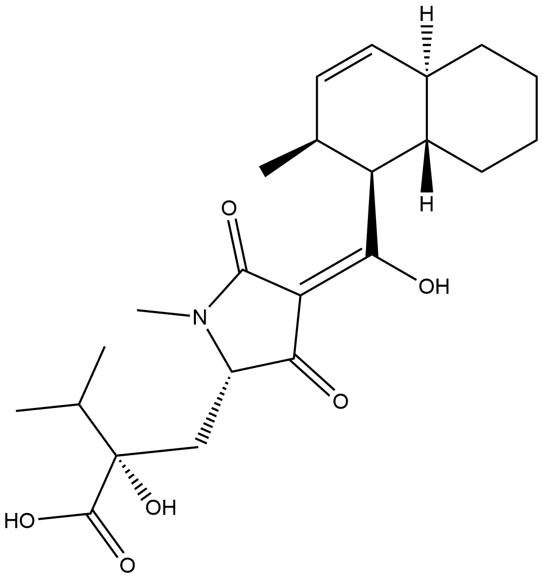 2-Pyrrolidinepropanoic acid, α-hydroxy-4-[hydroxy[(1S,2S,4aR,8aS)-1,2,4a,5,6,7,8,8a-octahydro-2-methyl-1-naphthalenyl]methylene]-1-methyl-α-(1-methylethyl)-3,5-dioxo-, (αS,2S,4E)- Struktur