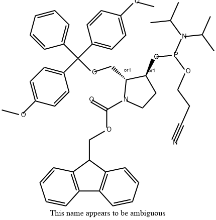 (2R, 3S)-2-Dimethoxytrityloxymethyl-N-(fluorenylmethyl)-pyrrolidin-3-yl-[(2-cyanoethyl)-(N,N-diisopropyl)]-phosphoramidite Struktur