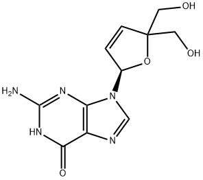 6H-?Purin-?6-?one, 2-?amino-?9-?[(2R)?-?2,?5-?dihydro-?5,?5-?bis(hydroxymethyl)?-?2-?furanyl]?-?1,?9-?dihydro- Struktur