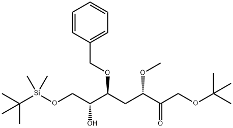 D-ribo-2-Heptulose, 4-deoxy-1-O-(1,1-dimethylethyl)-7-O-(1,1-dimethylethyl)dimethylsilyl-3-O-methyl-5-O-(phenylmethyl)- Struktur