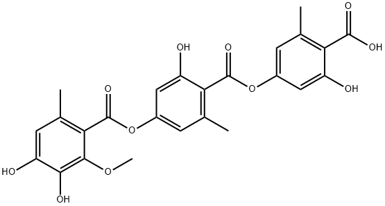 Benzoic acid, 4-[(3,4-dihydroxy-2-methoxy-6-methylbenzoyl)oxy]-2-hydroxy-6-methyl-, 4-carboxy-3-hydroxy-5-methylphenyl ester Struktur