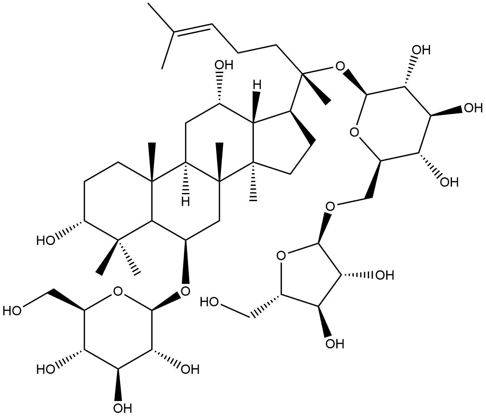 β-D-Glucopyranoside, (3β,6α,12β)-6-(β-D-glucopyranosyloxy)-3,12-dihydroxydammar-24-en-20-yl 6-O-α-L-arabinofuranosyl- Struktur