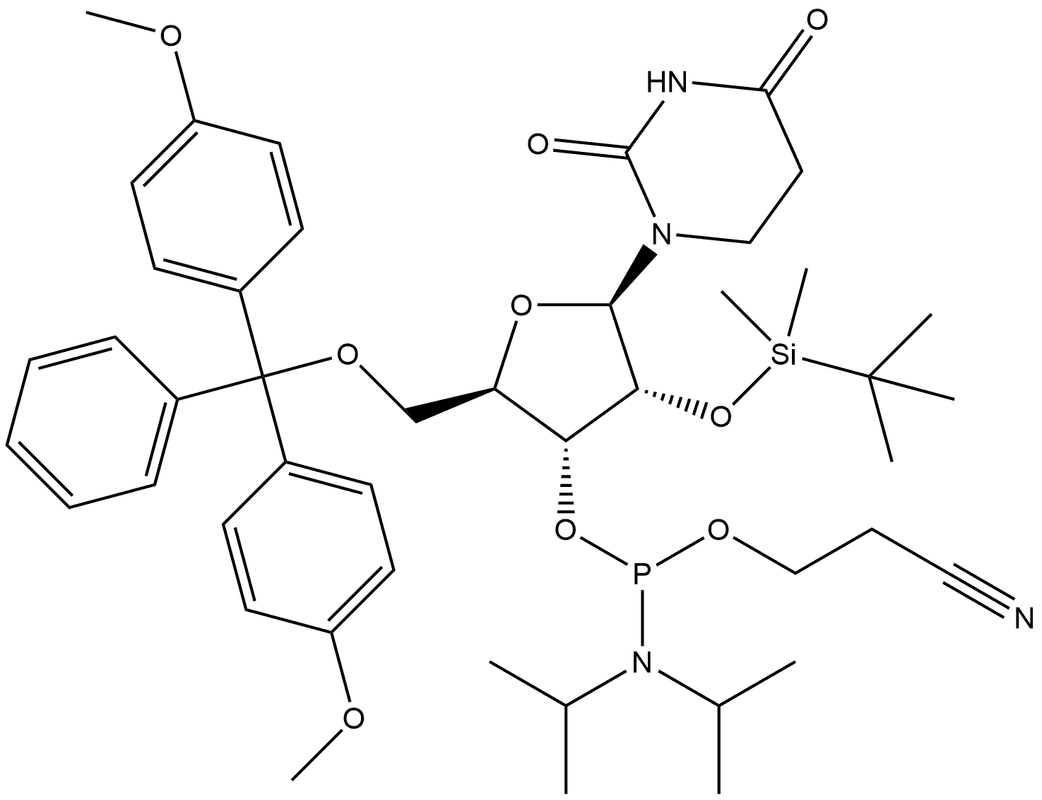 Uridine, 5'-O-[bis(4-methoxyphenyl)phenylmethyl]-2'-O-[(1,1-dimethylethyl)dimethylsilyl]-5,6-dihydro-, 3'-[2-cyanoethyl N,N-bis(1-methylethyl)phosphoramidite] Struktur