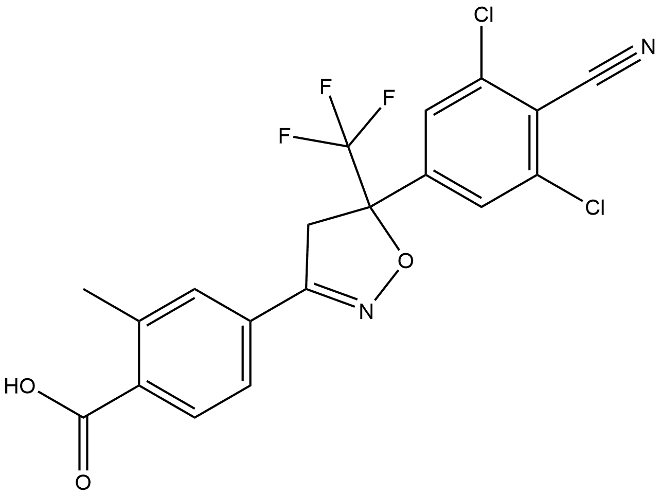 4-[5-(3,5-dichloro-4-cyano-phenyl)-5-trifluoromethyl-4,5-dihydro-isoxazol-3-yl]-2-methyl-benzoic acid Struktur