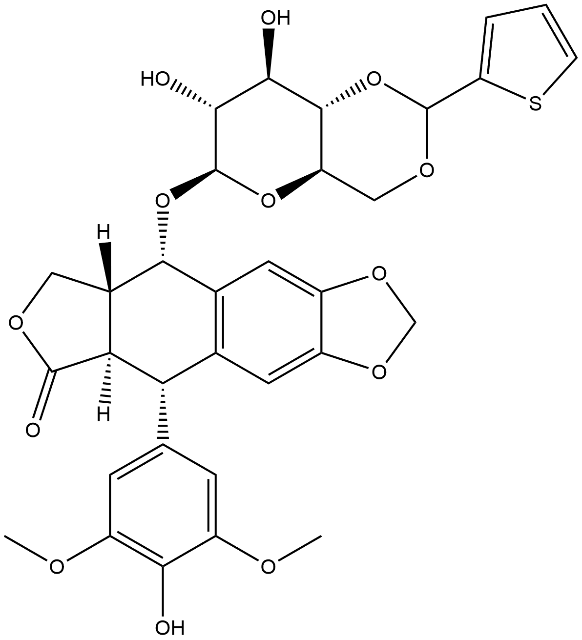 Furo[3',4':6,7]naphtho[2,3-d]-1,3-dioxol-6(5aH)-one, 5,8,8a,9-tetrahydro-5-(4-hydroxy-3,5-dimethoxyphenyl)-9-[[4,6-O-(2-thienylmethylene)-β-D-glucopyranosyl]oxy]-, [5R-[5α,5aβ,8aα,9β(S*)]]- (9CI) Struktur