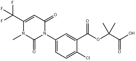 Benzoic acid, 2-chloro-5-[3,6-dihydro-3-methyl-2,6-dioxo-4-(trifluoromethyl)-1(2H)-pyrimidinyl]-, 1-carboxy-1-methylethyl ester Struktur