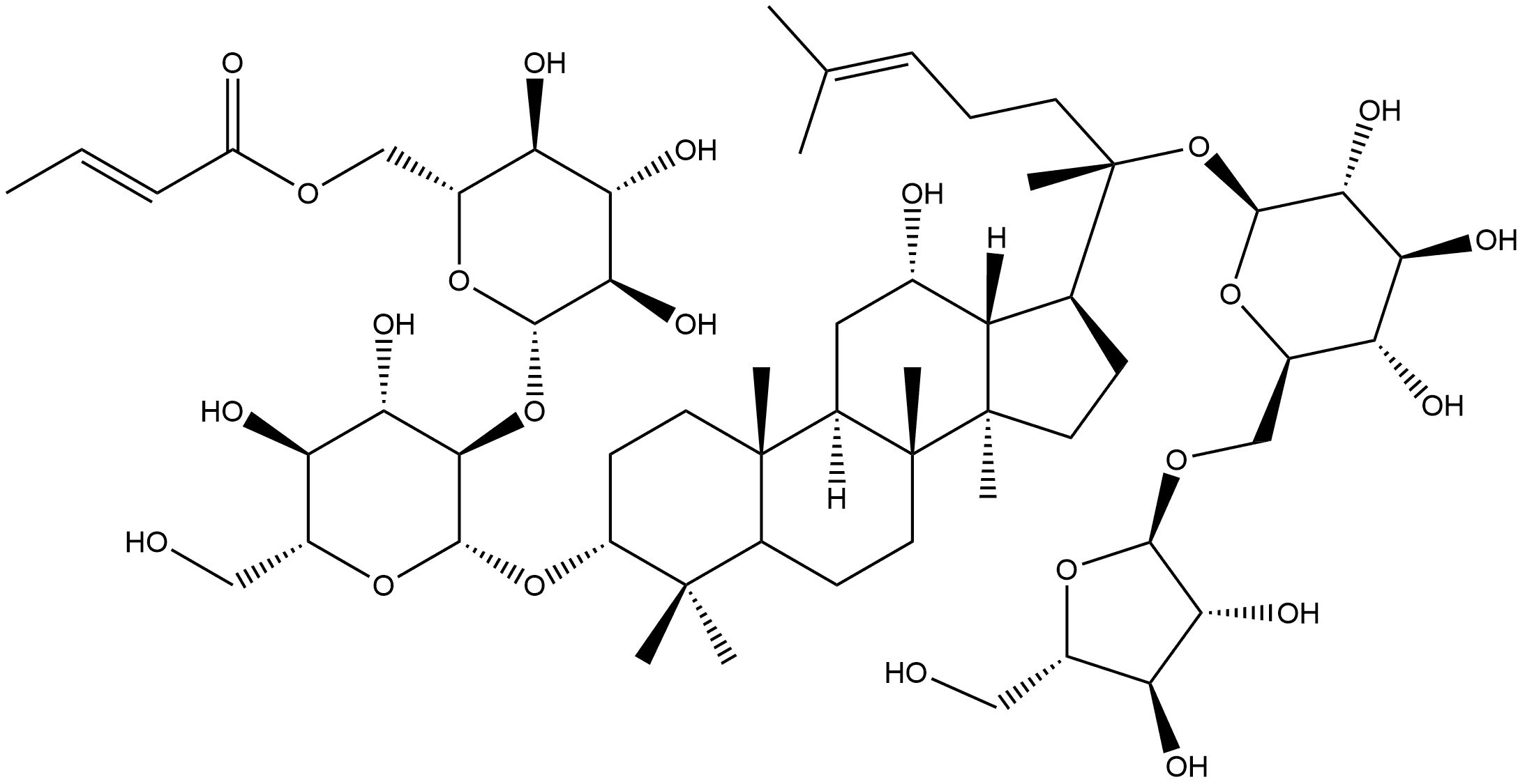 β-D-Glucopyranoside, (3β,12β)-20-[(6-O-α-L-arabinofuranosyl-β-D-glucopyranosyl)oxy]-12-hydroxydammar-24-en-3-yl 2-O-[6-O-[(2E)-1-oxo-2-buten-1-yl]-β-D-glucopyranosyl]- Struktur