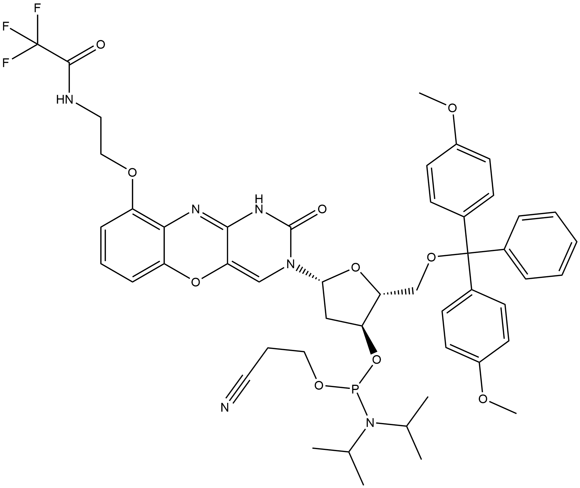 Acetamide, N-[2-[[3-[5-O-[bis(4-methoxyphenyl)phenylmethyl]-3-O-[[bis(1-methylethyl)amino](2-cyanoethoxy)phosphino]-2-deoxy-β-D-erythro-pentofuranosyl]-2,3-dihydro-2-oxo-1H-pyrimido[5,4-b][1,4]benzoxazin-9-yl]oxy]ethyl]-2,2,2-trifluoro- Structure