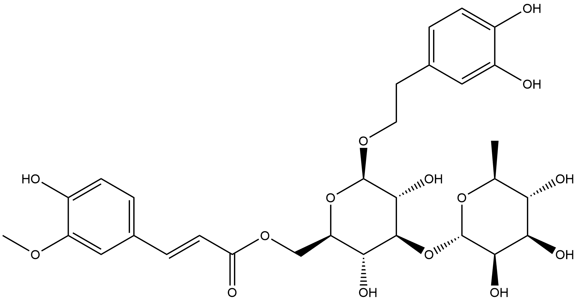 β-D-Glucopyranoside, 2-(3,4-dihydroxyphenyl)ethyl 3-O-(6-deoxy-α-L-mannopyranosyl)-, 6-[(2E)-3-(4-hydroxy-3-methoxyphenyl)-2-propenoate] Struktur