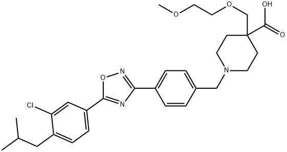 4-Piperidinecarboxylic acid, 1-[[4-[5-[3-chloro-4-(2-methylpropyl)phenyl]-1,2,4-oxadiazol-3-yl]phenyl]methyl]-4-[(2-methoxyethoxy)methyl]- Struktur