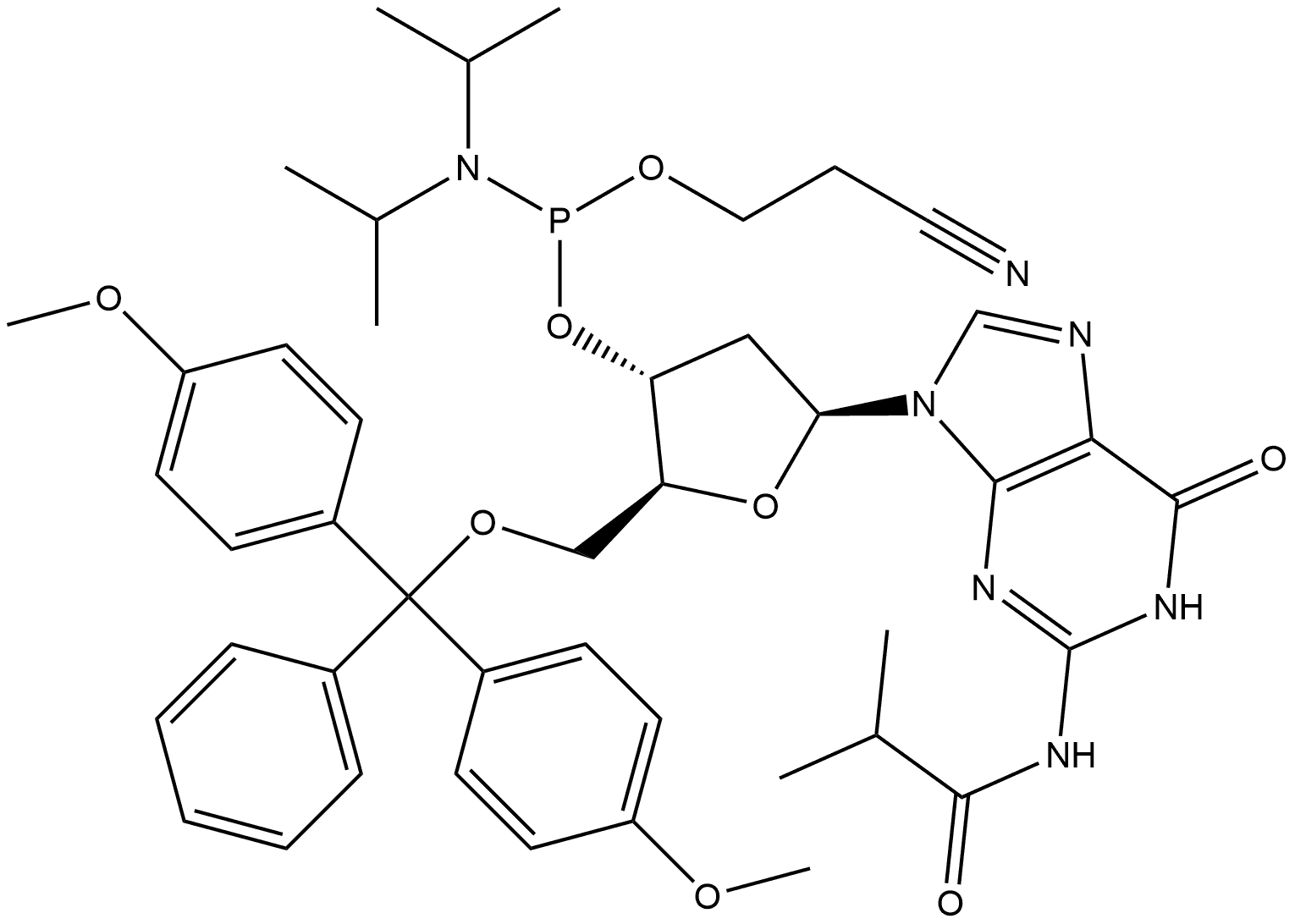 Propanamide, N-[9-[5-O-[bis(4-methoxyphenyl)phenylmethyl]-3-O-[[bis(1-methylethyl)amino](2-cyanoethoxy)phosphino]-2-deoxy-β-L-erythro-pentofuranosyl]-6,9-dihydro-6-oxo-1H-purin-2-yl]-2-methyl- Struktur