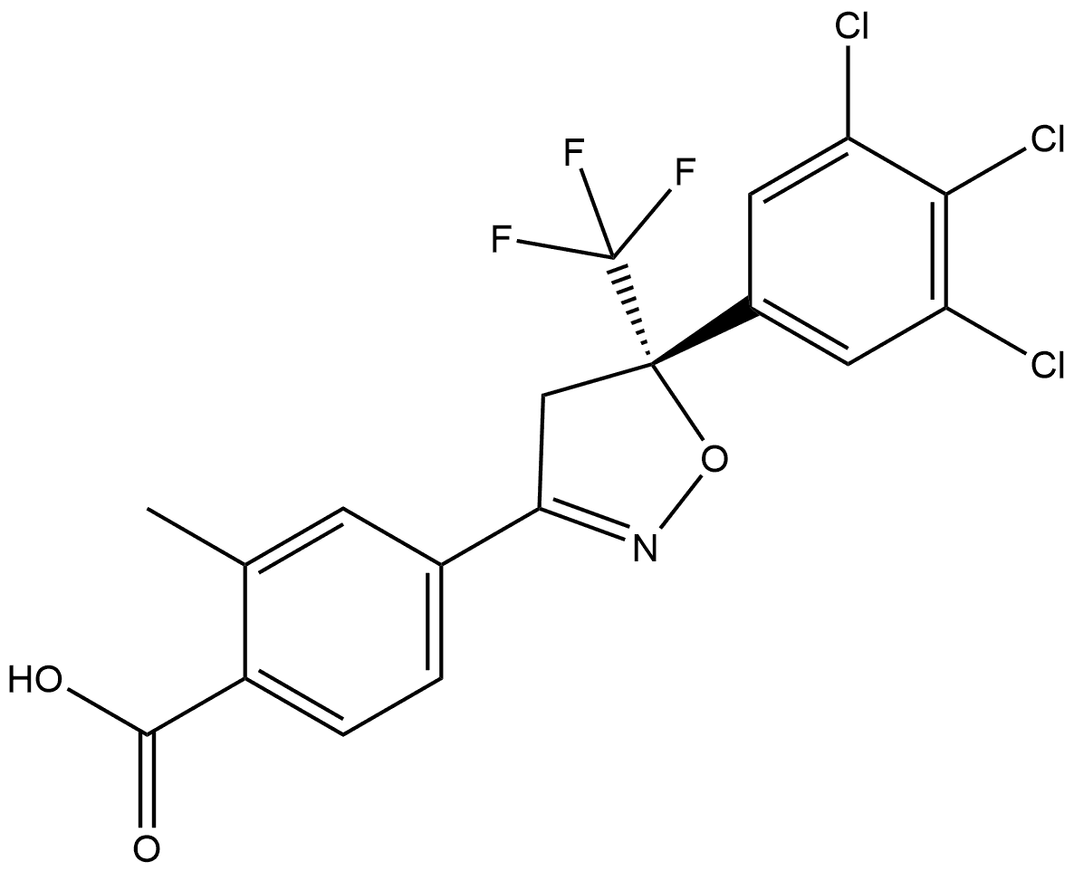 2-methyl-4-[(5S)-5-(3,4,5-trichlorophenyl)-5-(trifluoromethyl)-4H-isoxazol-3-yl]benzoic acid Struktur