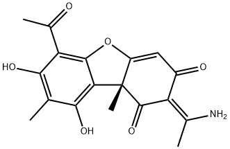 1,3(2H,9bH)-Dibenzofurandione, 6-acetyl-2-(1-aminoethylidene)-7,9-dihydroxy-8,9b-dimethyl-, (2E,9bR)- Struktur