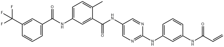 Benzamide, 2-methyl-N-[2-[[3-[(1-oxo-2-propen-1-yl)amino]phenyl]amino]-5-pyrimidinyl]-5-[[3-(trifluoromethyl)benzoyl]amino]- Struktur