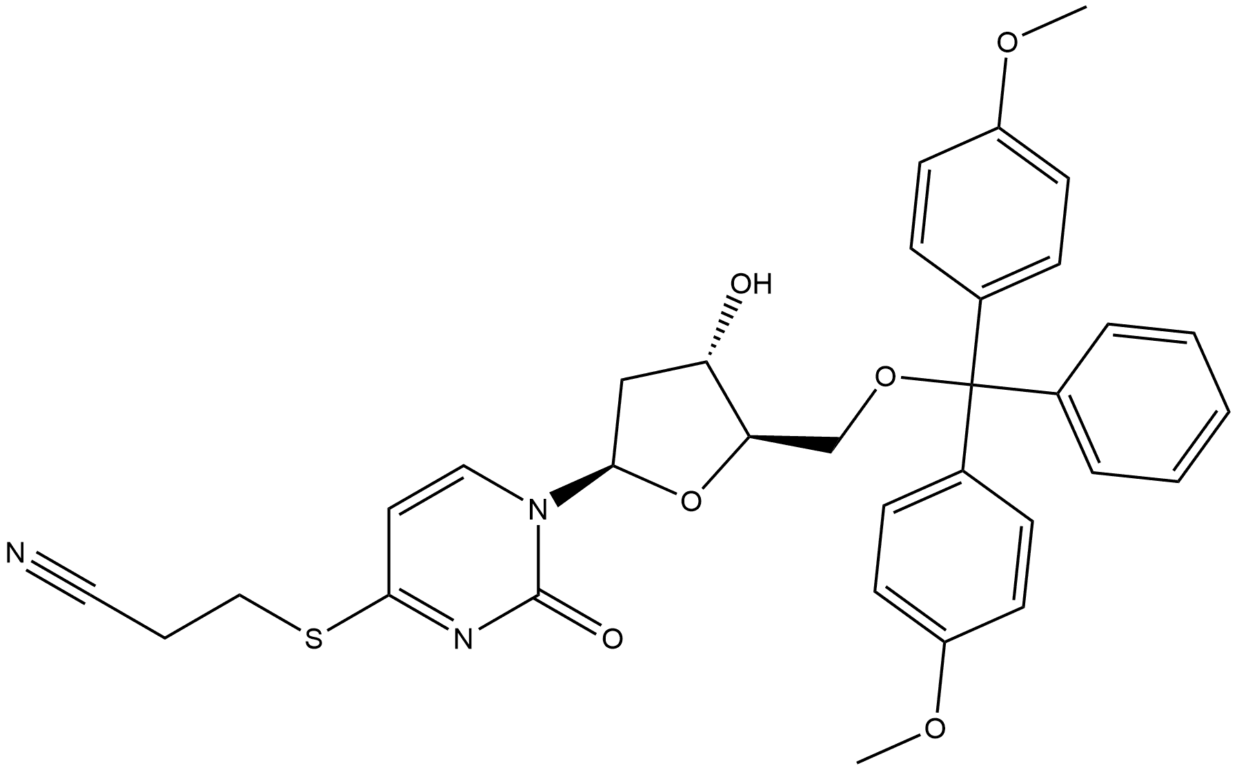 Uridine, 5'-O-[bis(4-methoxyphenyl)phenylmethyl]-4-S-(2-cyanoethyl)-2'-deoxy-4-thio- Struktur