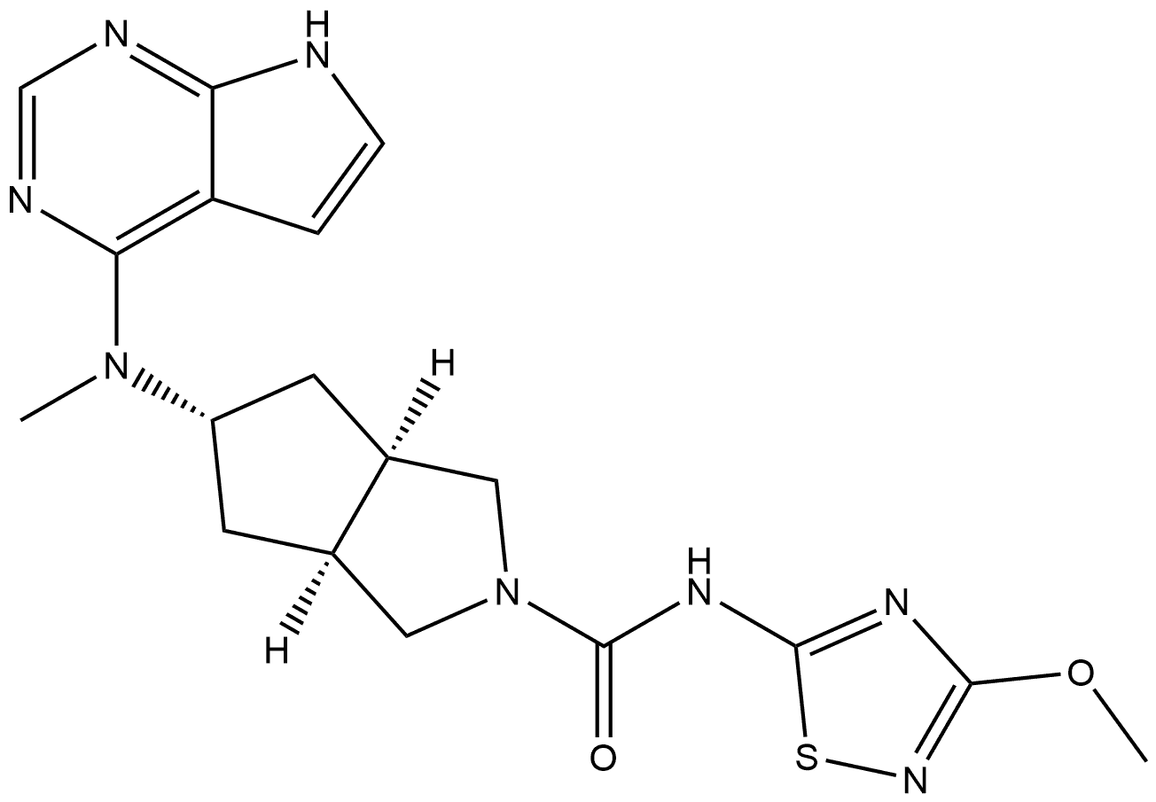 Cyclopenta[c]pyrrole-2(1H)-carboxamide, hexahydro-N-(3-methoxy-1,2,4-thiadiazol-5-yl)-5-(methyl-7H-pyrrolo[2,3-d]pyrimidin-4-ylamino)-, (3aα,5α,6aα)- Struktur