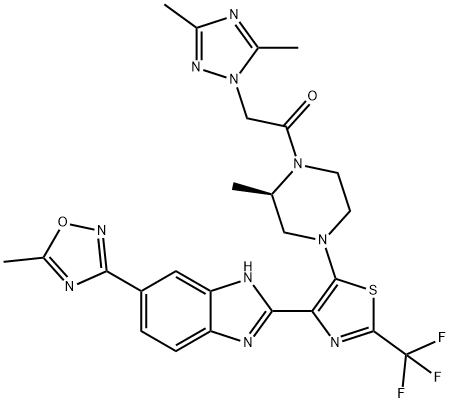 Ethanone, 2-(3,5-dimethyl-1H-1,2,4-triazol-1-yl)-1-[(2R)-2-methyl-4-[4-[6-(5-methyl-1,2,4-oxadiazol-3-yl)-1H-benzimidazol-2-yl]-2-(trifluoromethyl)-5-thiazolyl]-1-piperazinyl]- Struktur