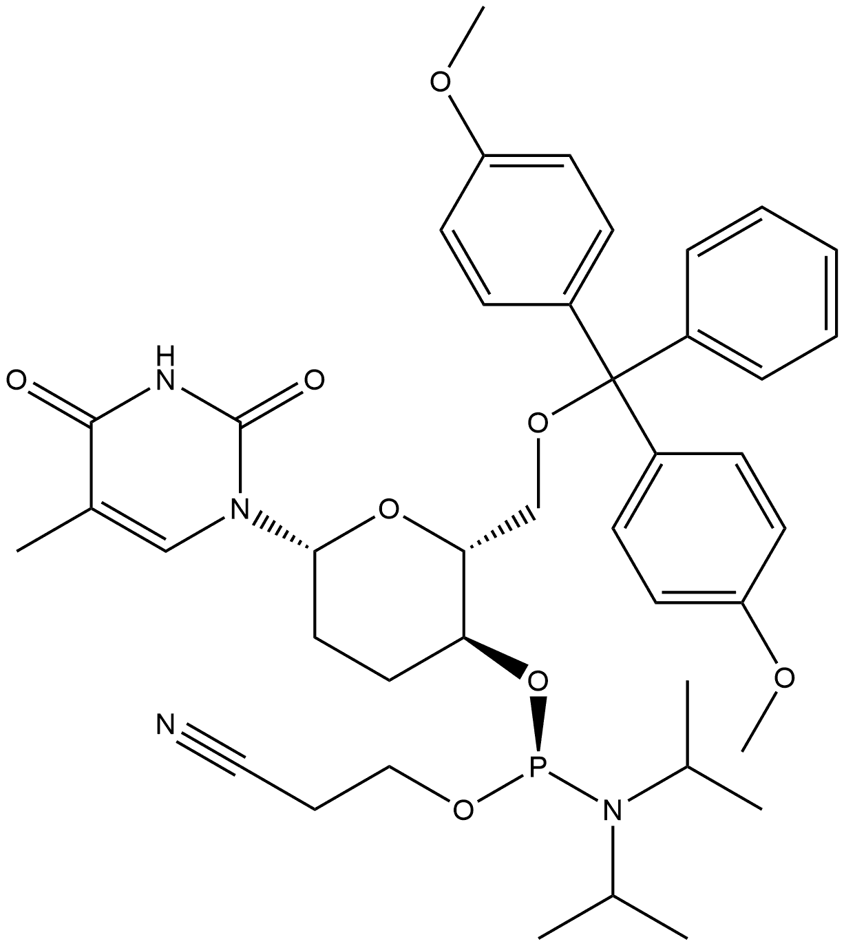 2,4(1H,3H)-Pyrimidinedione, 1-[6-O-[bis(4-methoxyphenyl)phenylmethyl]-4-O-[[bis(1-methylethyl)amino](2-cyanoethoxy)phosphino]-2,3-dideoxy-β-D-erythro-hexopyranosyl]-5-methyl-, (S)- (9CI) Struktur