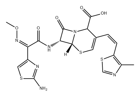 5-Thia-1-azabicyclo[4.2.0]oct-3-ene-2-carboxylic acid, 7-[[(2Z)-2-(2-amino-4-thiazolyl)-2-(methoxyimino)acetyl]amino]-3-[(1Z)-2-(4-methyl-5-thiazolyl)ethenyl]-8-oxo-, (6R,7R)- Struktur